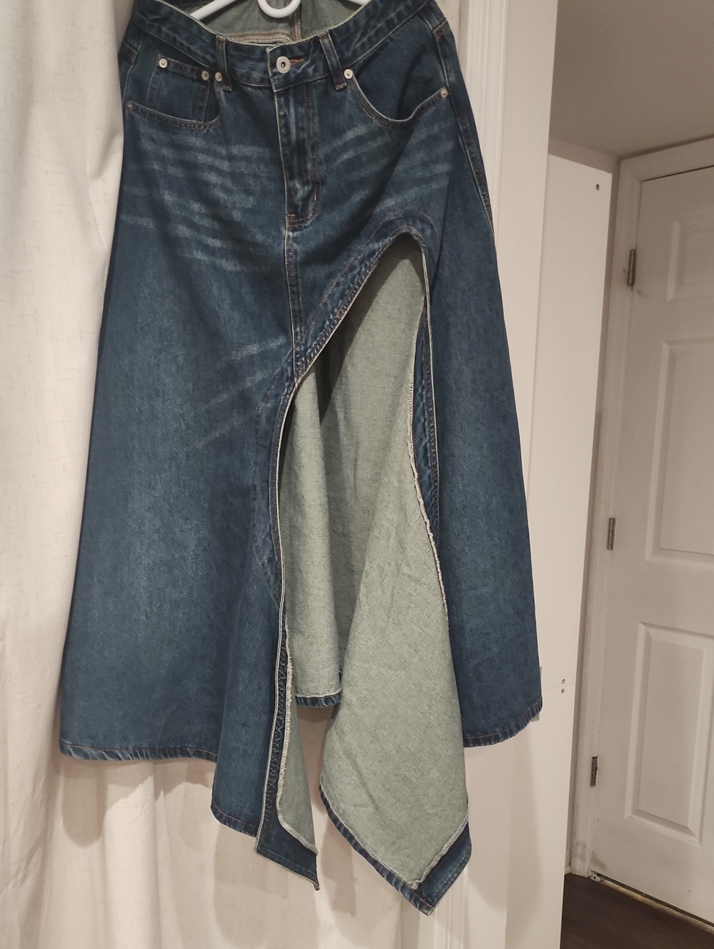 Dark Blue Denim Maxi Skirt with Front Panel Detail